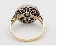 Art Deco Round Lab Created Diamond & Ruby Engagement 14K Yellow Gold Finish Ring