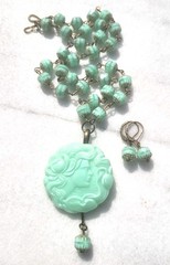 VINTAGE ART NOUVEAU LADY CAMEO URANIUM PENDANT GLASS BEAD NECKLACE SET OOAK GLOW
