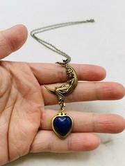 Vintage Style Goddess Crescent Moon Blue Lapis Lazuli Mini Heart Locket Necklace