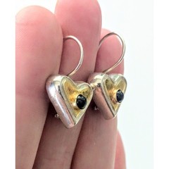 Vintage Sterling Silver Garnet Cabachon 2 Tone Heart Hook Back Earrings