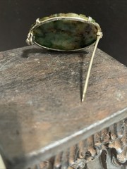 Vintage Floral Carved Green & Brown Jade Jadeite Sterling Silver Brooch Pin