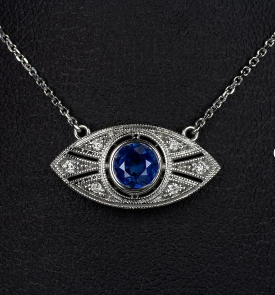 Blue Round CZ Stone 925 Silver Art Deco Bezel Set Eye Shaped Pendant Necklace