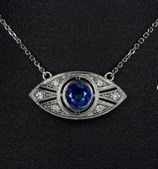 Blue Round CZ Stone 925 Silver Art Deco Bezel Set Eye Shaped Pendant Necklace