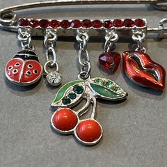 Vtg Lucky Charm Safety Pin Brooch Lips Heart Cherries Ladybug Nature Love & Luck