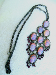Vtg Dragons Breath Pink Fire Opal Purple Rhinestone Waterfall Pendant Necklace