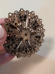 Vintage filigree Bronze Tone Brooch. UV Reactive. 2.5″