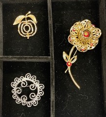 3 Sarah Coventry Signed Vintage Brooches Flower Apple Filigree