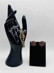 Vtg -1950s-ORANGE AMBER-Rhinestone-BRACELET and Floral EARRINGS SET-Gold Tone