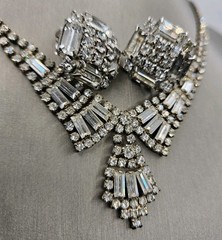 Vintage Art Deco Rhinestone Necklace Earrings Set Clear Baguette Pave Lot 15″
