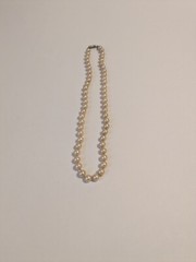 Faux Pearl Vintage Hand Knotted Necklace. Champagne. Barrel Closure 15″.