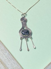 Vtg N/A? Tribal Obsidian Cab Dangle Paddle Pendant Sterling Silver Necklace-16″