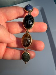 Vintage Multi Gemstone Egyptian Revival Scarab Link Bracelet Mid-Century Rainbow