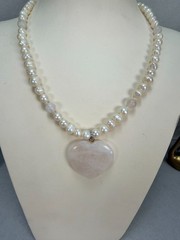 Freshwater Pearl Rose Quartz Heart Pendant Necklace Romantic Elegant