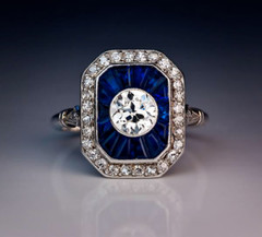 Art Deco Round Lab Created Diamond & Sapphire Wedding 14K White Gold Finish Ring