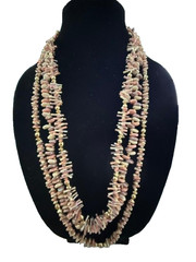 Vintage 27″ Pink AB Shell Chip 3 Strand Statement Necklace Gold Tone Boho