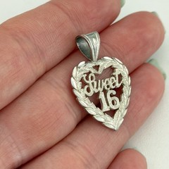 Vintage 925 Sterling Silver Sweet 16 Birthday Floral Heart Charm Pendant