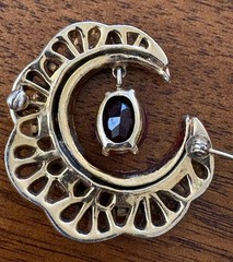 Mid Century Crescent Moon W/ Garnet & Aquamarine & Rhinestones, Gold Tone READ