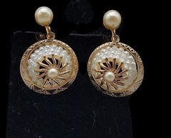 Vintage Pinwheel Faux Pearl Drop Screw Back Earrings Dangle Etched Gold Plated