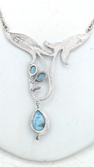 Vintage Floral Pendant Necklace Sterling Silver 925 Thailand Blue Glass