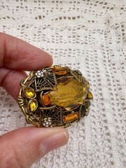 Vintage Turn Of Century Czech Topaz Rhinestone Enamel Brass Filigree Brooch