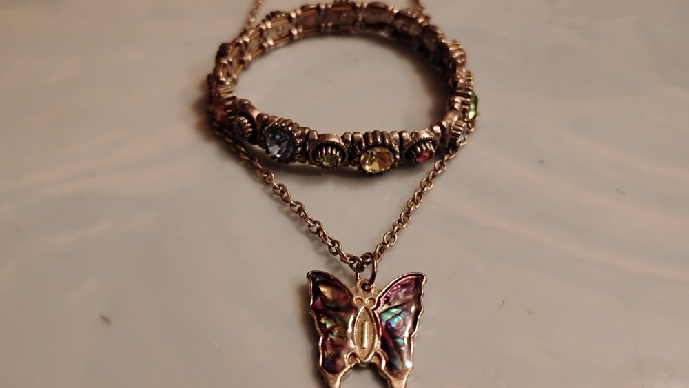 Vintage Butterfly Charm Necklace Korea & Antique Silver Rhinestone Bracelet Set