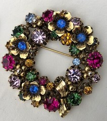 Vintage Austria Multi Color Rhinestones Flower Brooch & Clip Earrings Set