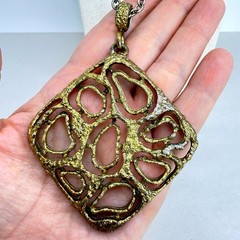 Vintage Brutalist Statement Necklace Large Molten Gold Tone Textured Geometric
