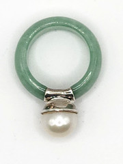 Vintage 925 China Green Jade Jadeite 6.5 Mm Pearl Ring Statement Piece Runway