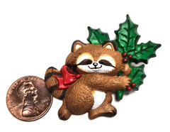 Vintage 1986 Hallmark Cards Christmas Raccoon Holding Holly Pin / Brooch
