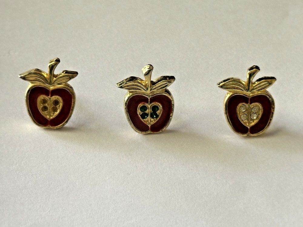 3 Small Enamel Red Apple Pins Set with Varying Color Gems