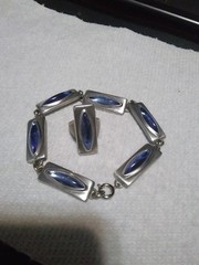 Jargen Jensen Denmark 1960s MCM Pewter Blue Glass Cabochon Ring and Bracelet