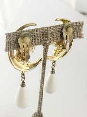 Vintage Crescent Moon Dangle Earrings White Cabochon Gold Tone Clip On Celestial
