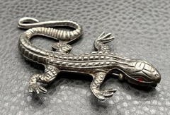 Vintage HUGE Old Pot Metal Lizard Gecko Brooch Pin Red Enamel Eyes Figural