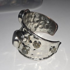 Vtg Metal Cuff Bracelet Labradorite Stones Brutalist Art Adjustable Bold Design
