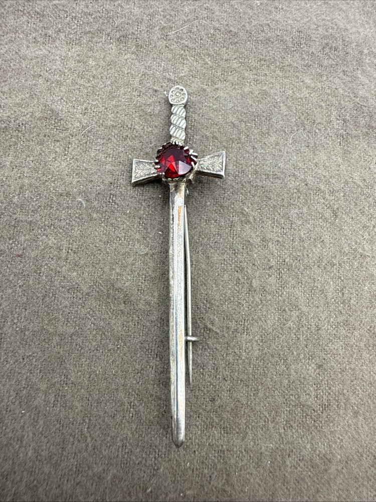 Vintage Sterling Silver Kilt Pin Cross Red Rhinestone Made in Great Britain
