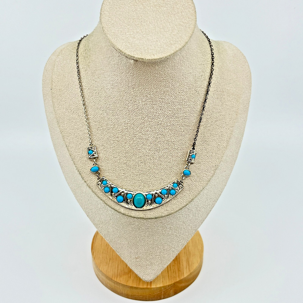 Vintage Silver Tone Turquoise Color Cabochon Statement Bib Necklace Retro Boho