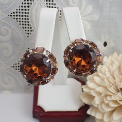 Vintage Bold Golden Brown Rhinestone Round Yellow Gold Plated Clip Earrings