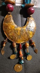 Signed SURLES Vintage Modernist Brass Bib Necklace Colorful Art Glass Beaded
