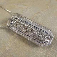 Art Deco Style Sapphire & Lab Created Diamond Wedding 14k White Gold Fn Pendant