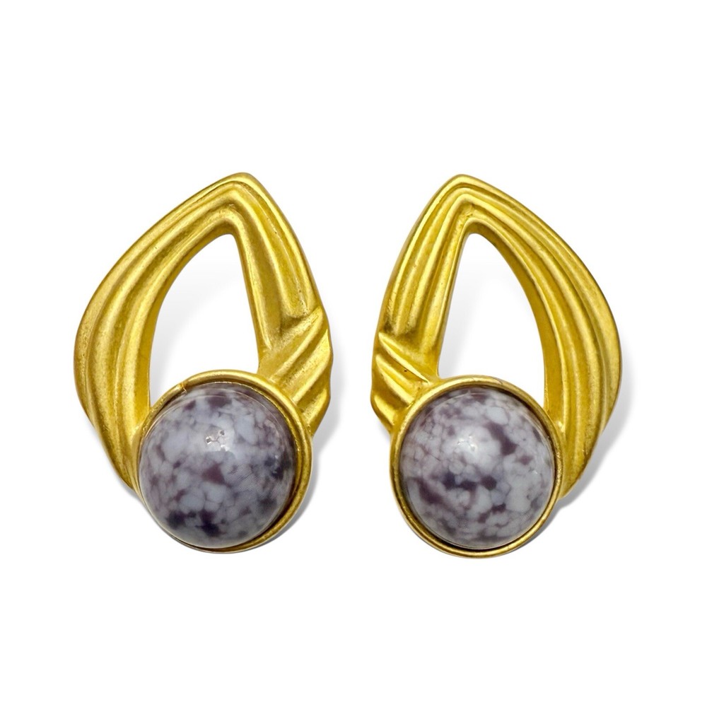 Vtg M. Jent Modernist Purple Lucite Cabochon Abstract Matte Goldtone Earrings