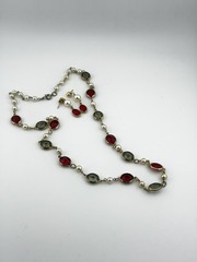Vtg 80s Red Green Pearl Faceted Bezel Beads, Goldtone Necklace/Earrings Set 24”