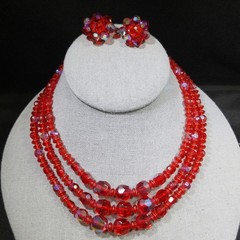 Vintage Czech Red Glass AB 3 Strand Necklace Earrings Set 1950s