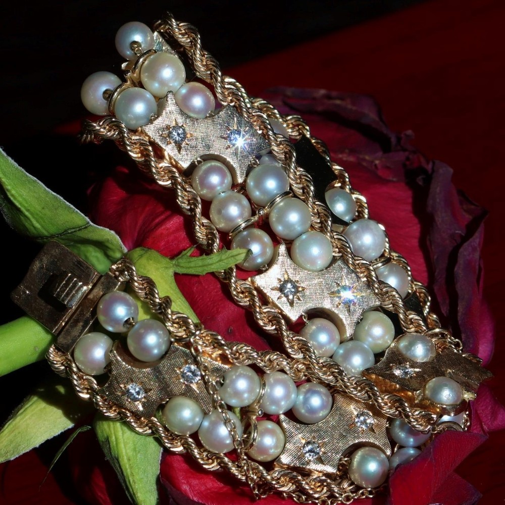 14k yellow gold bracelet 5-5.5mm cultured pearl 0.5ct diamond 7.5″ antique 43.0g