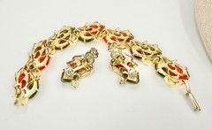 mid century jelly lucite goldtone leaves bracelet earring set orange green & ab