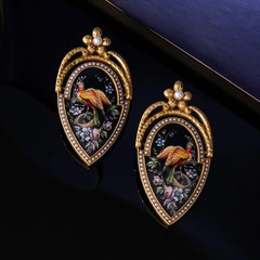 Vintage Victorian Peacock Drop Earrings Gold Pearl Rhinestone Art Women Jewelry