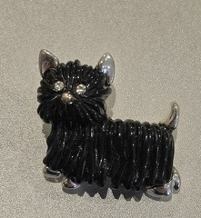 Vintage Black Enamel Scottish Terrier Dog Brooch Pin W Rhinestone Eyes