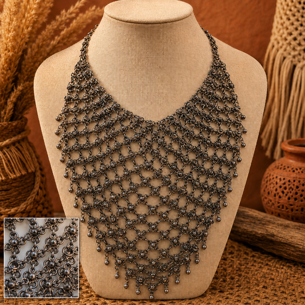 Huge VTG Silver Tone Chain Mail Bib Necklace Boho Tribal Statement Festival Vibe