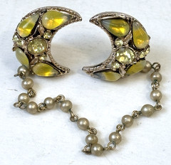Vintage Sweater Guard Clip Crescent Moon Yellow Glass Teardrop Cabochons