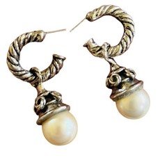 Regal Cuff Earrings VTG Dangle Silver Plated Pearl Cabochon Hoop pierced 90s