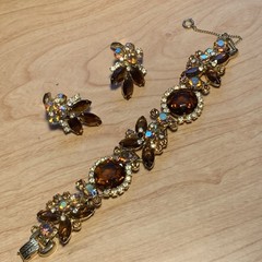 Vintage D&E Juliana Book Brown AB Headlight Rhinestone Bracelet Clip Earring Set